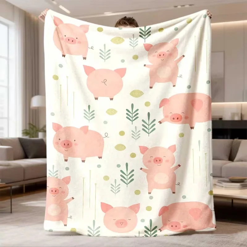 Soft Flannel Throw Blanket Cute Cartoon Pig Head Star Print Warm Cozy Blanket Kawaii Animal Pattern Bedroom Decor