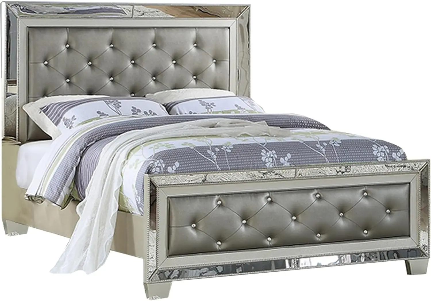 Benjara Bm301383 Reva Mirror Inlaid Button Tufted Faux Leather Upholstery Bed Gray - King Size