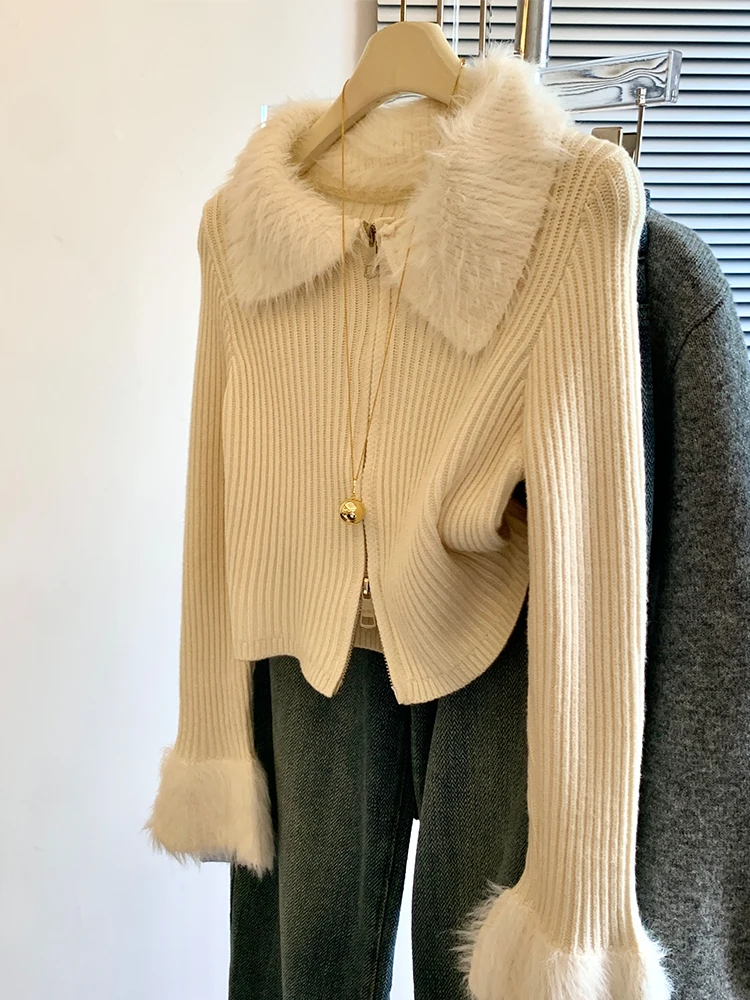 Women Apricot Cardigan Sweater with Collar Harajuku Korean Y2k Long Sleeves Cashmere Sweaters Jumper Vintage 2000s Clothes 2024