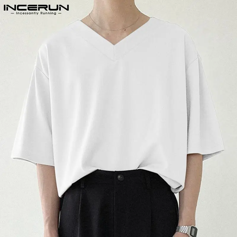 Incerun-男性用カジュアルTシャツ,単色,ストリートウェア,男性用トップス,半袖,Vネック,韓国スタイル,S-3XL, 2024