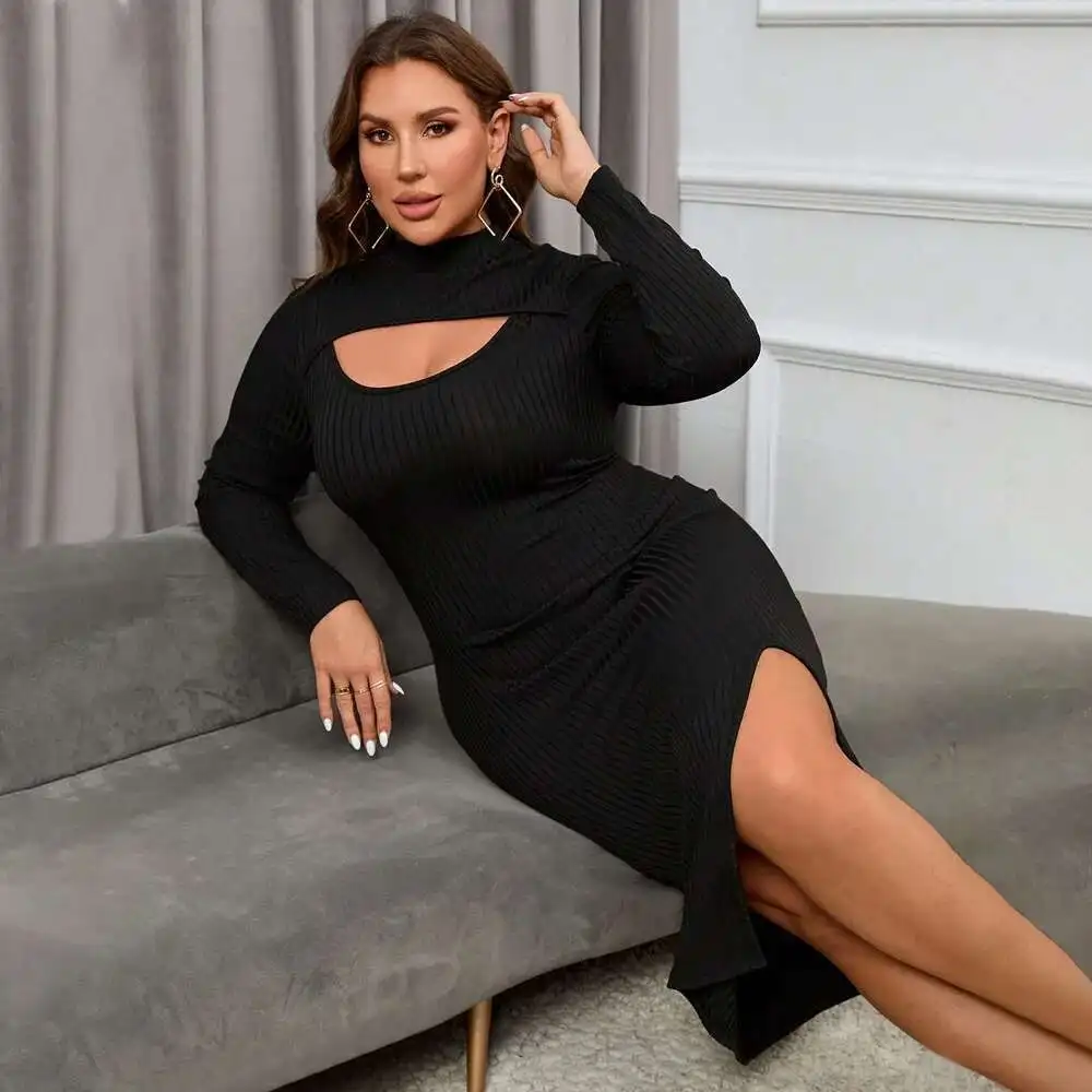 

Autumn 2025 and Winter New Plus Size Women's Sexy Hollow Out Slit Waist Bag Hip Long Sleeved Dress Summer Elegantes Casual Y2k