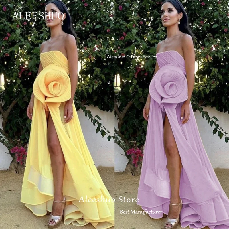 Aleeshuo Boho stroples gaun Prom A-Line belahan samping tinggi gaun malam lipatan bunga Formal tanpa lengan فساتين semi gaun bercetak bordir Ambal