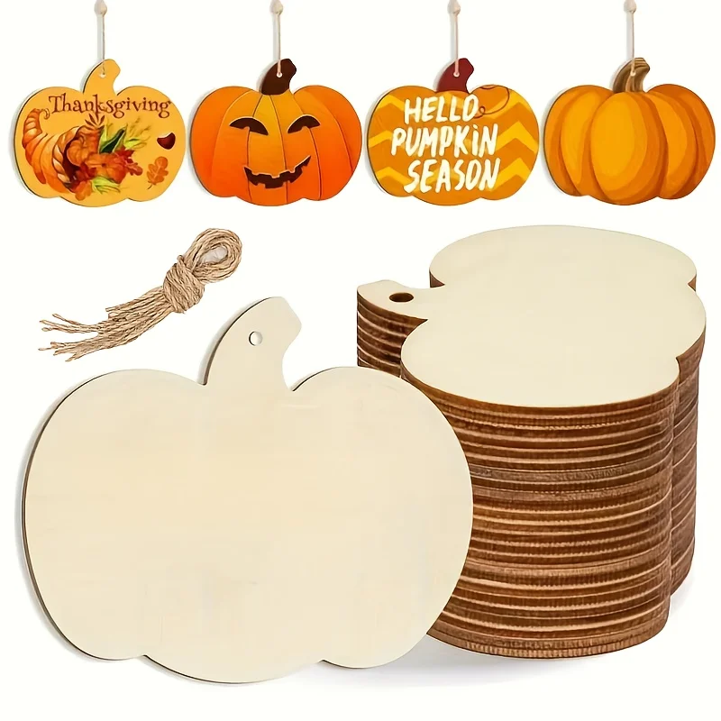 Unfinished Wooden Pumpkin Cutouts, Blank Pumpkin Wood Ornaments with Hemp Rope, Fall Thanksgiving DIY Craft Hanging Decor