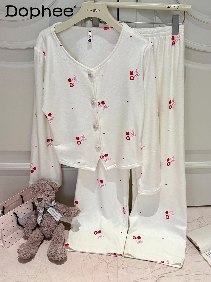 

Женские пижамы, осень-зима, новинка 202, тонкий бархатный утепленный теплый двусторонний бархатный комплект, милая повседневная домашняя одежда