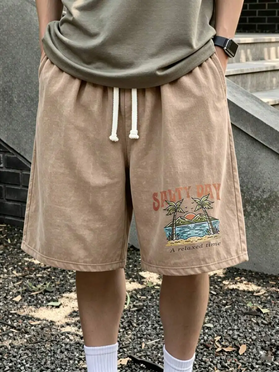 

Beach-Style Mens Relaxed Fit Shorts With Tropical Palm Tree Graphic, Soft Washed Fabric, Elastic Waistband For Casual Summer