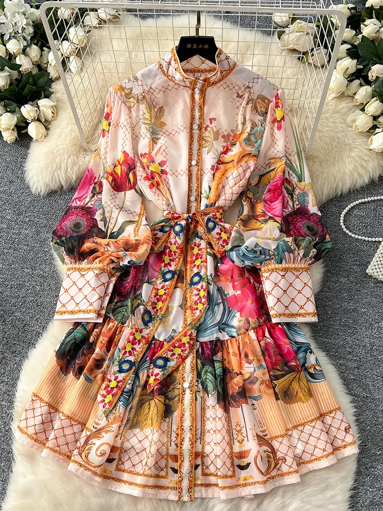 

Women Spring Autumn Dress New European American Elegant Long Sleeve Printed Stand Up Collar Buckle Waist Chiffon Mini Dress S57