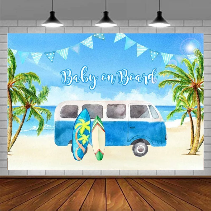 

Baby on Board Baby Shower Photography Backdrop Tropical Surf Beach Photo Background For Surfboard And Car Palm Tree Party Decor