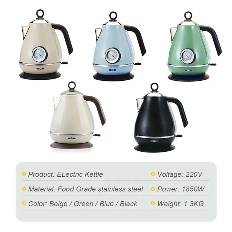 DMWD 1.7L Retro Electric Kettle Household Water Boiler Mini Coffee Pot Heater Stainless Steel Coffee Pot With Temperature Meter