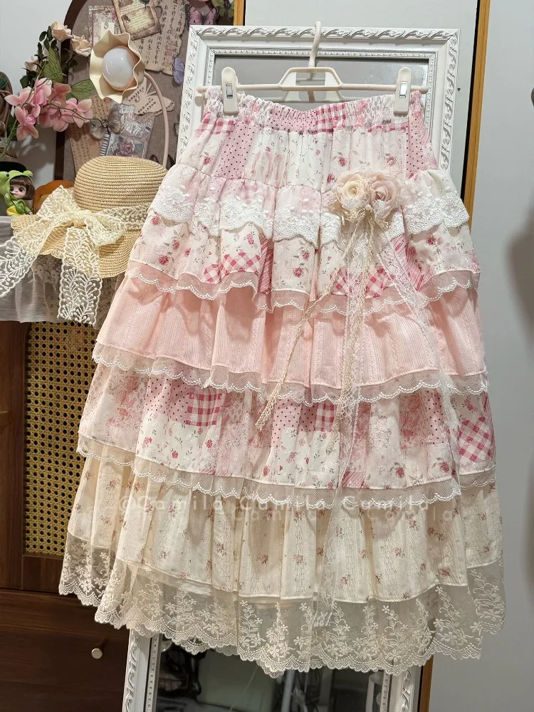 Japanese Sweet Fairy Lolita Skirt High Waist Patchwork Irregular Tiered Puffy Cake Maxi Skirt Princess Women