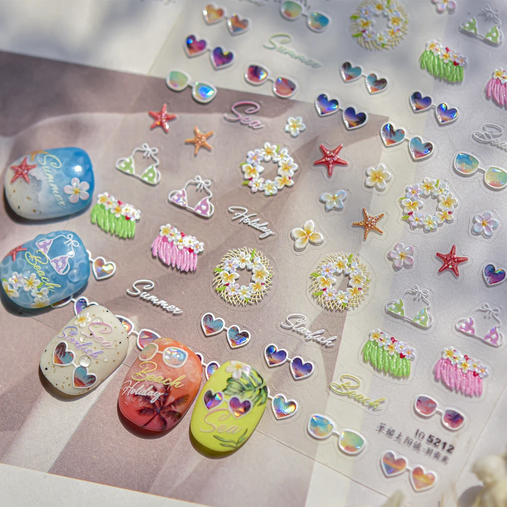 

Colorful Grass Skirts Summer Bikini Playful Love Sunglasses Sea Stars Blossom Wreaths Tropical 5D Nail Art Sticker Manicure Deca