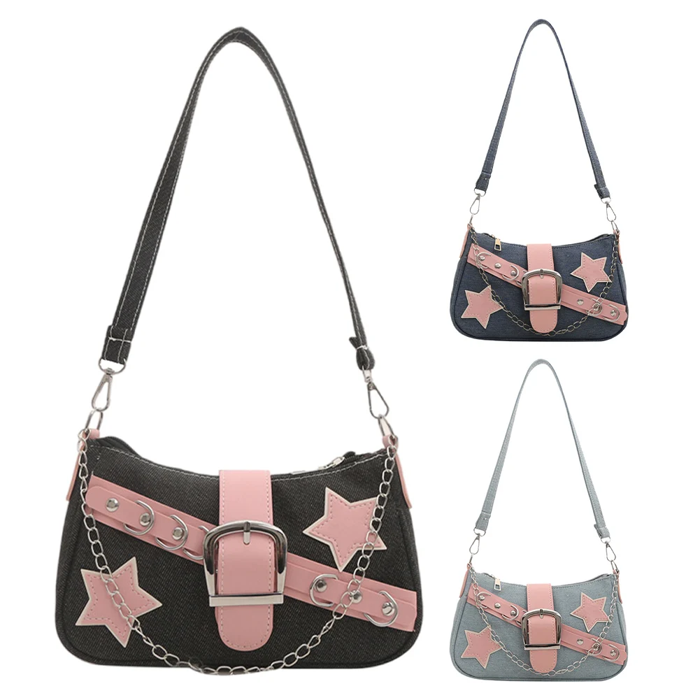 

Women Denim Shoulder Bag Wear Resist All-Match Underarm Bag Zipper Closure Simple Armpit Bag Travel Shopping Work Pouch