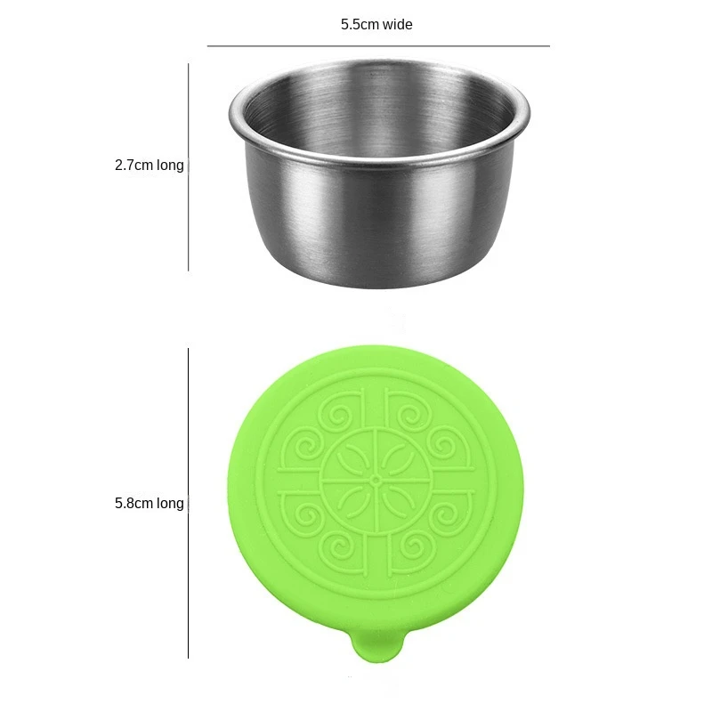 6 Pcs 세트 누출 방지 스테인레스 스틸 디핑 소스 컵 식품 용기 재사용 가능한 샐러드 드레싱 용기 실리콘 스트레치 뚜껑
