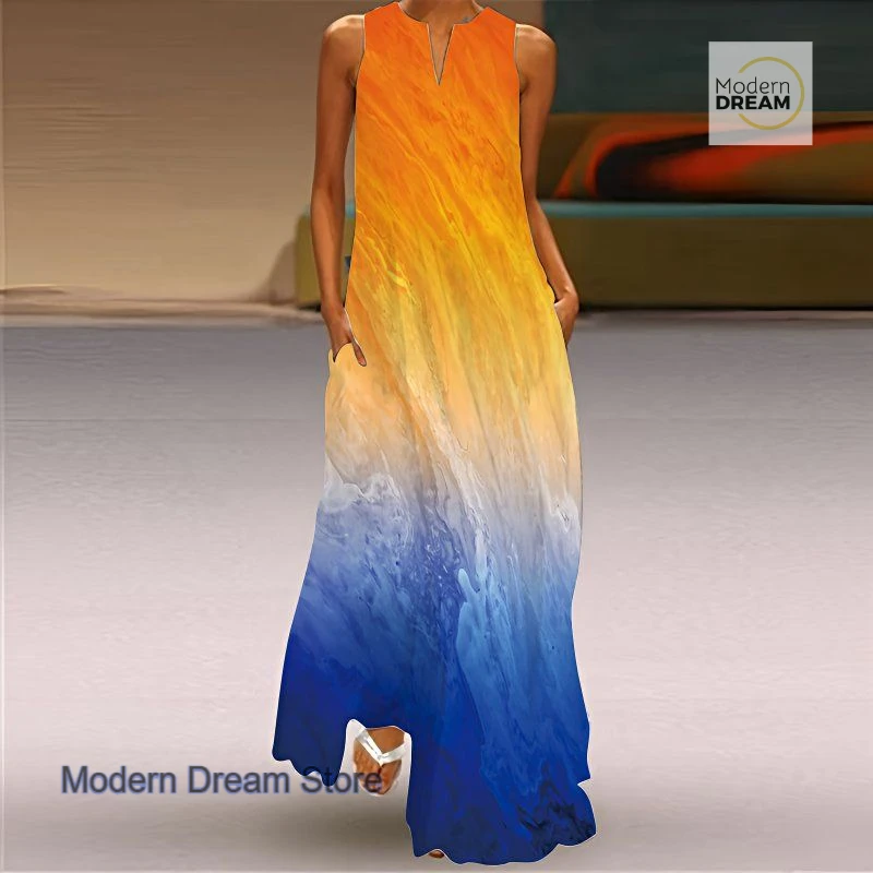 

Summer fashion skirt female American new temperament sleeveless beach wind Joker color casual printing elegant A-word dress