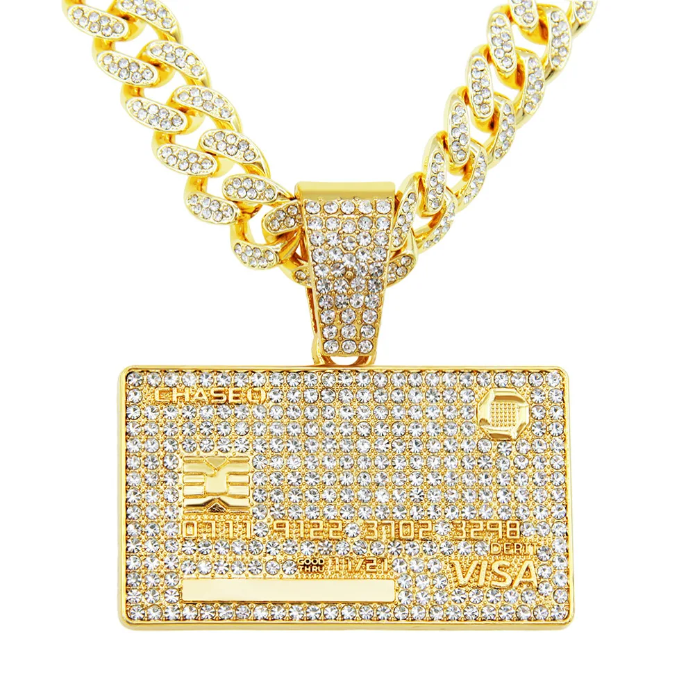 

Hip Hop Full Diamond Bank Card Pendant Necklaces for Men Alloy Ketten Trendy Personalized Dressing Cuban Chain Necklace Jewelry