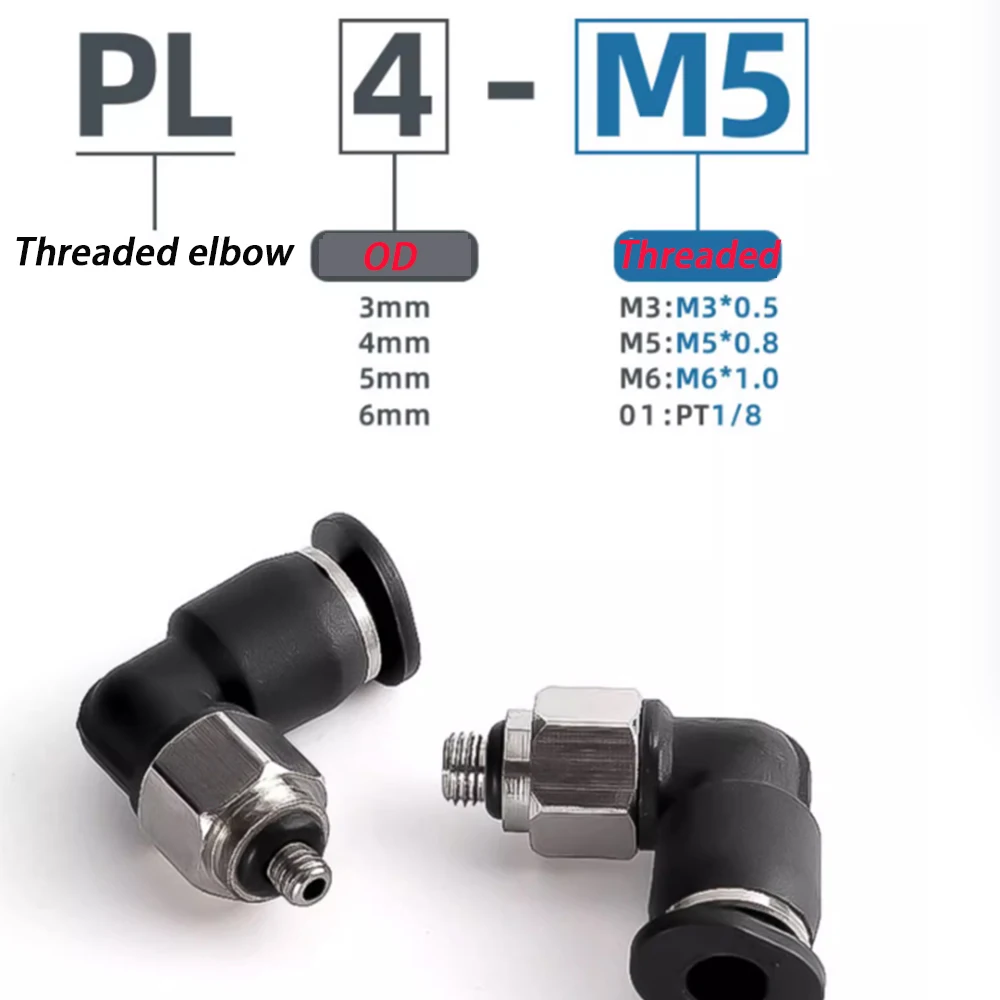 Mini Pneumatic Air Connector Elbow Fittings PL OD 3 4 5 6mm Male Thread M3 M4 M5 M6 1/8