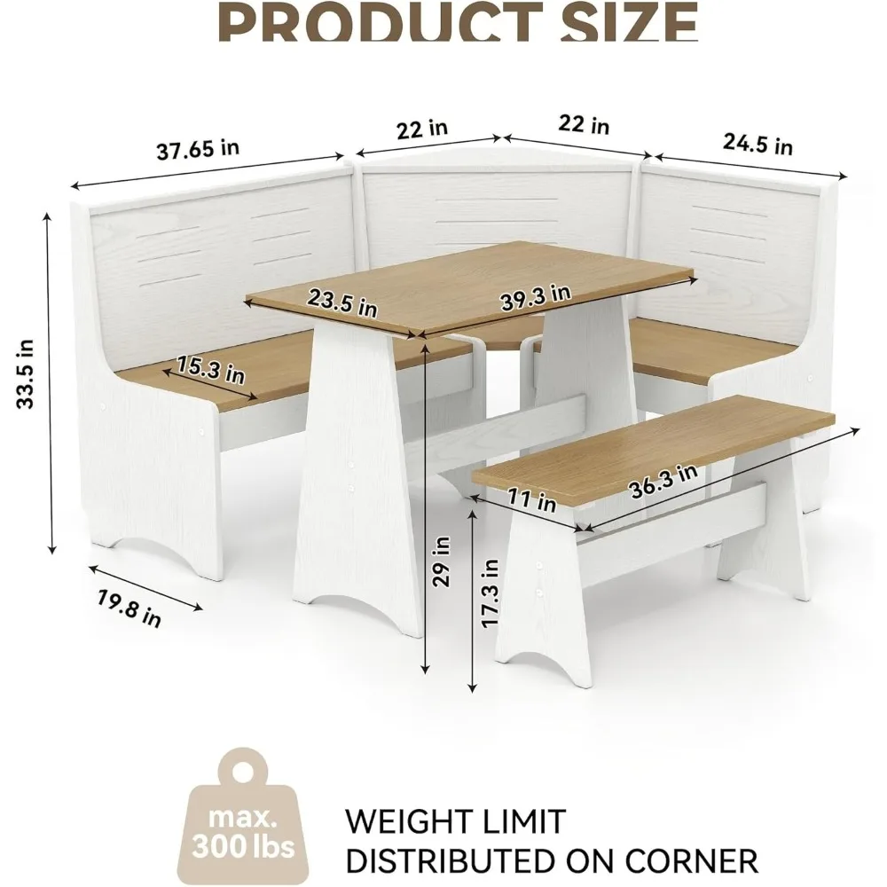 

L-shaped Kitchen Dining Table and Bench Set, Made of Solid Wood, Space Saving, Suitable for 3-4 Seats in A Family, Light White