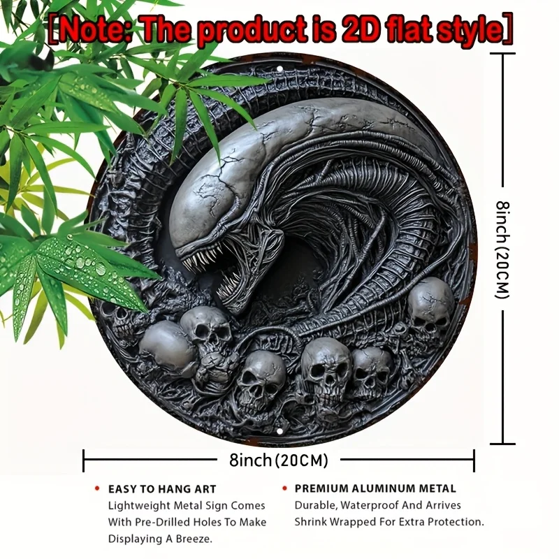 [2D Flat] 1pc Vintage Alien-Themed Round Aluminum Sign - 2D Metal Wall Decor with Intricate Alien & Skull Design, Perfect for Ho