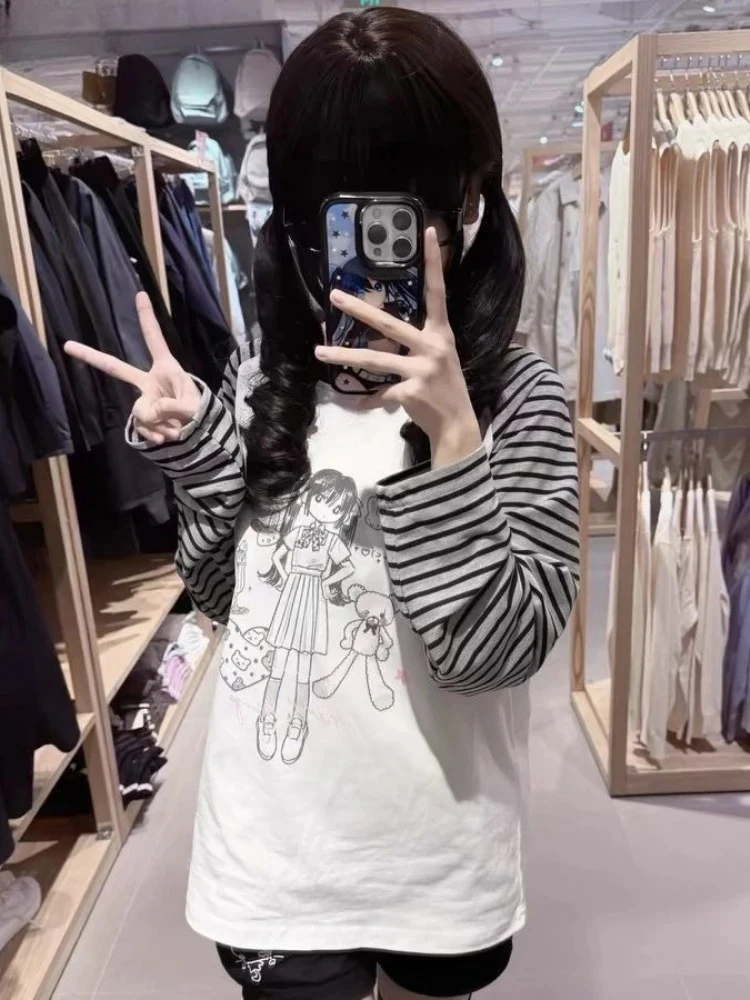 

Japanese Stripe Patchwork Grunge T-shirt Autumn Cartoon Printing Kawaii Preppy Style Tops 2025 Harajuku Causal Loose Tshirts