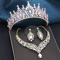 AB Colors 3 Pcs Bridal Crown Sets Tiaras and necklace earrings set for Princess Dubai Jewelry Sets Wedding Dress Accessories