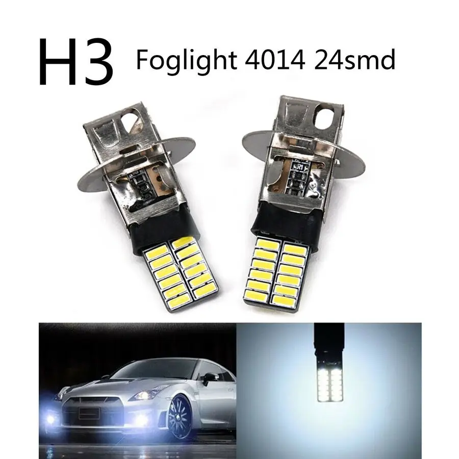 2pcs H3 2835 24 SMD LED Car Auto Xenon White Lamp Fog Light DRL Bulb 6500K