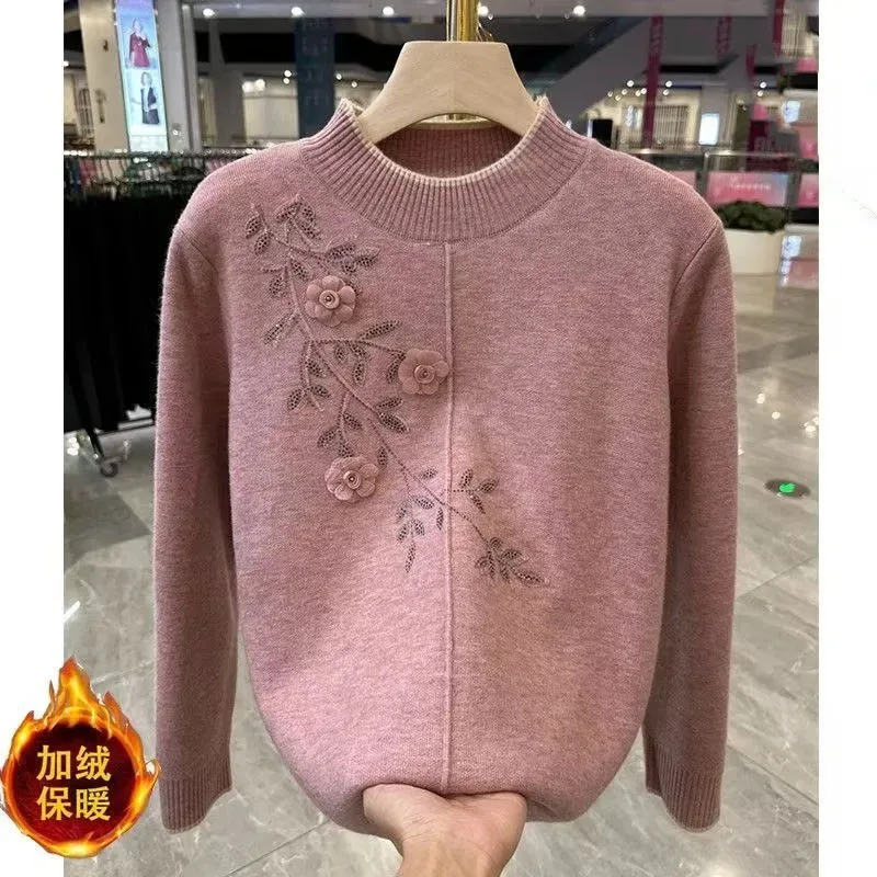 Autumn Femme Large Size 6XL Sweater Top Spring Middle Aged Mother Fashion Half High Neck Knitted Korean Ladies Long Sleeved Knit