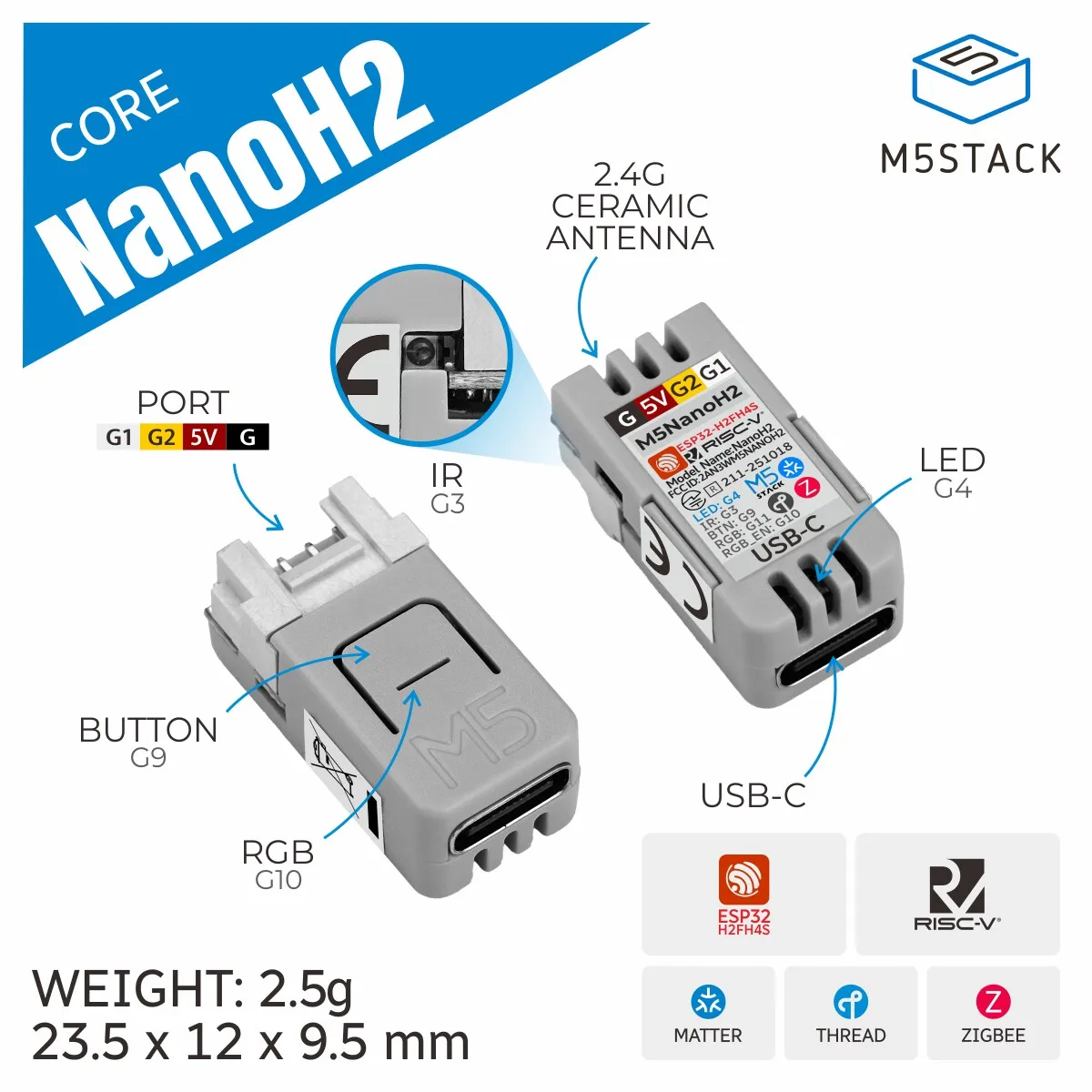 M5Stack Official NanoH2 Ultra-Small IoT Development Board Equipped with ESP32-H2FH4S for Electronics Projects