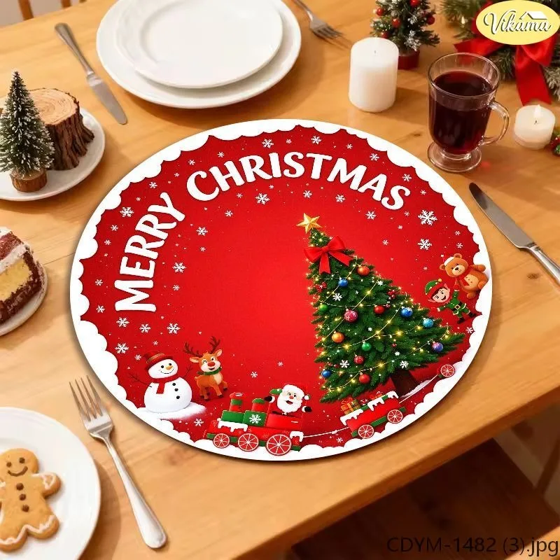 VIKAMA Christmas Round Placemats Red Merry Christmas White Line Art Tree Holly Ring Gold Bell Red Bow Mat Winter Decor