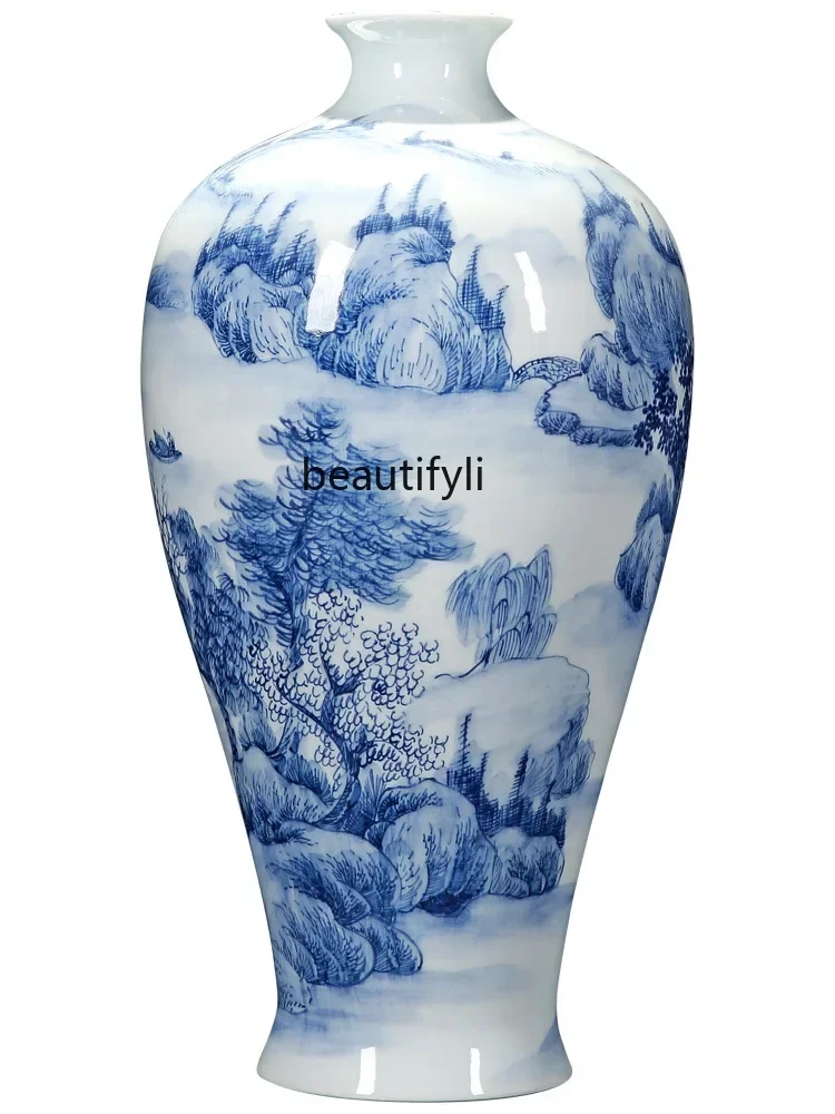 

Blue and White Porcelain Hand-Painted Landscape Vase Decoration Chinese Living Room Decoration Study Retro Ceramic Decoration