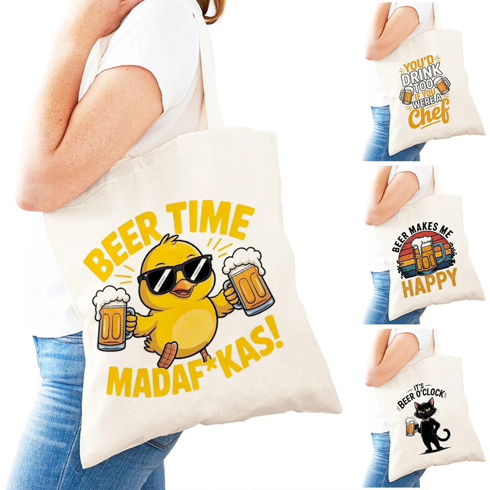 

Vintage Cute Duck Lady Shopping Tote Bag Beer Lover Women Daily Use Satchel Double Print Happy Vibe Girl Shopper Bag 31x36 cm