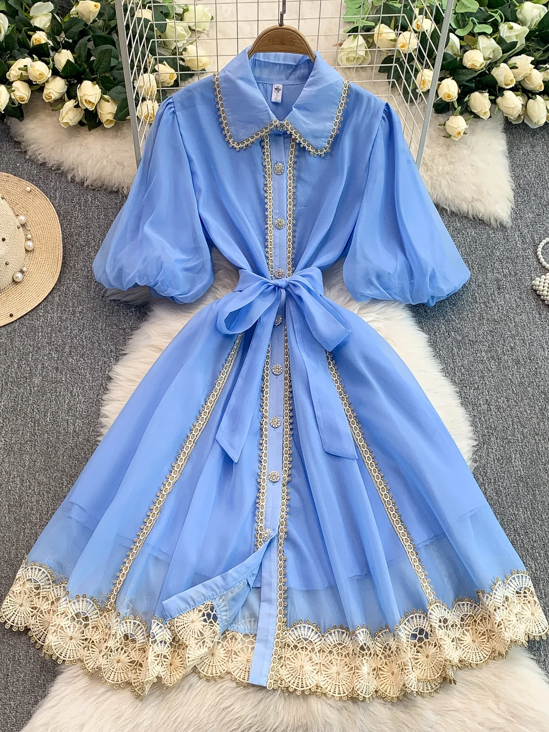 Retro Sweet Lace Trimmed Collar Dr Women's New Single Button Waist Cinching Slimming Midi Skirt Korean Sle Commute