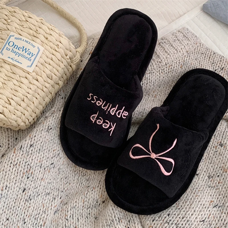 XIXITIAO Women's Home Slippers New Bow Embroidery Comfort Plush Casual Indoor Anti Slip Open-toe Floor Shoes, Ladies Flat Shoes view 4