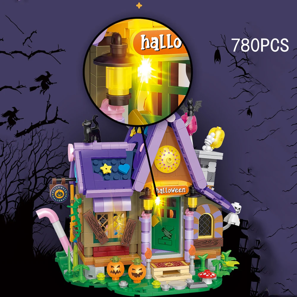 

Ghost Halloween Trick Or Treat City Street View Mini Block Haunted House Assembly Build Brick Figure Streetscape Toy With Light