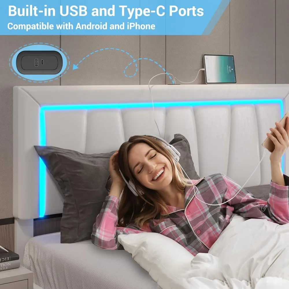 California King Bed Frame avec USB et planche de sauna, 4 wers de proximité de stockage, lumières LED, rangement à plateforme, blanc