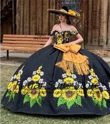 Mexican Embroidered Sunflower Black Quinceanera Dresses 2024 Bow Ball Gown Off Shoulder Charro Sweet 16 Dresses