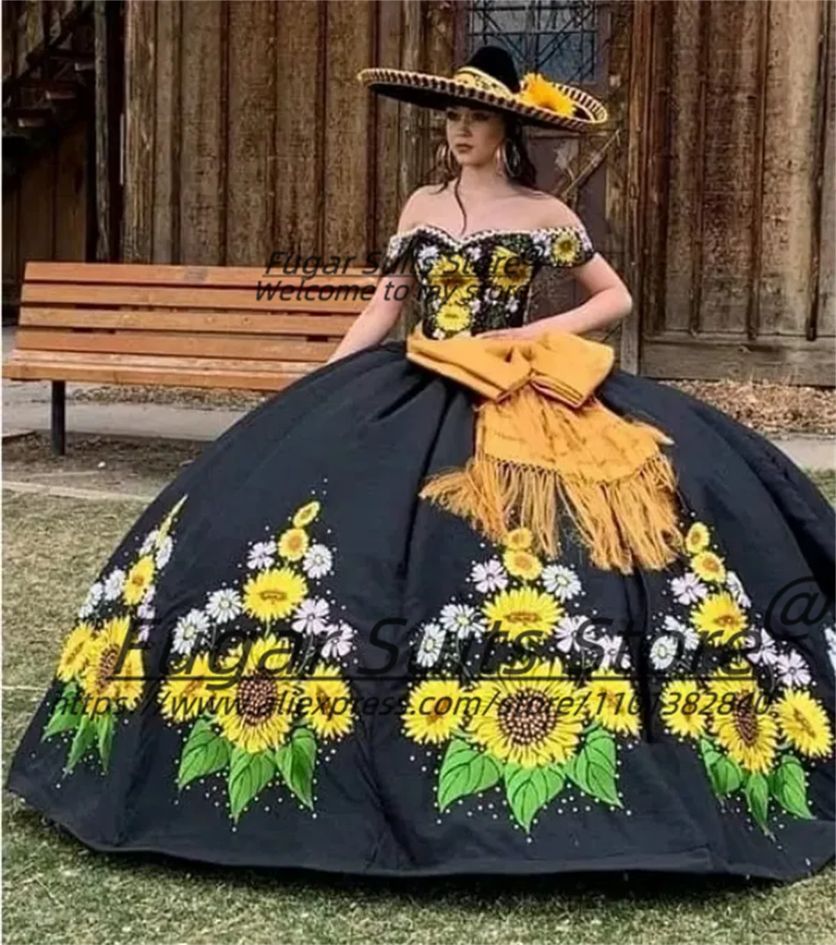 Mexican Embroidered Sunflower Black Quinceanera Dresses 2024 Bow Ball Gown Off Shoulder Charro Sweet 16 Dresses