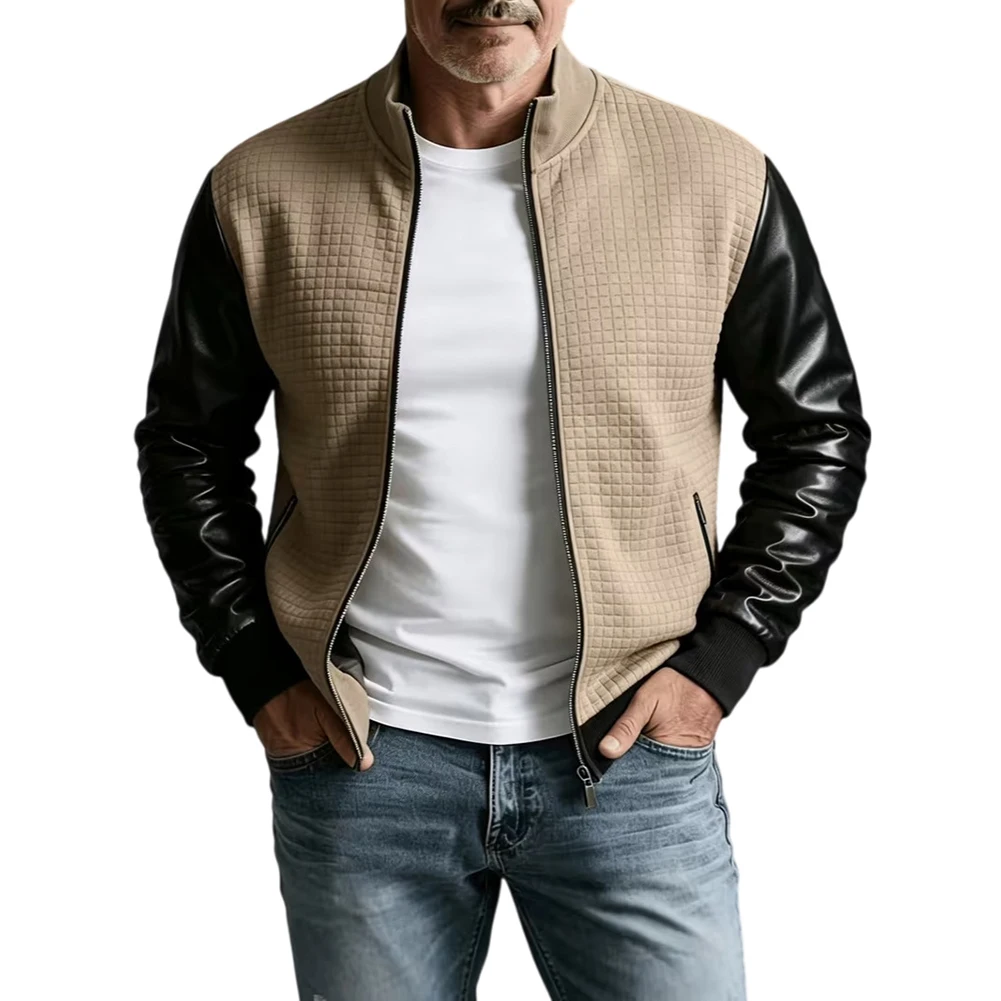 1pc Mens Patchwork Jacket Notched Collar Baseball Shirt Casual Outfit Coat M-2XL Long Sleeve Autumn Winter Coat