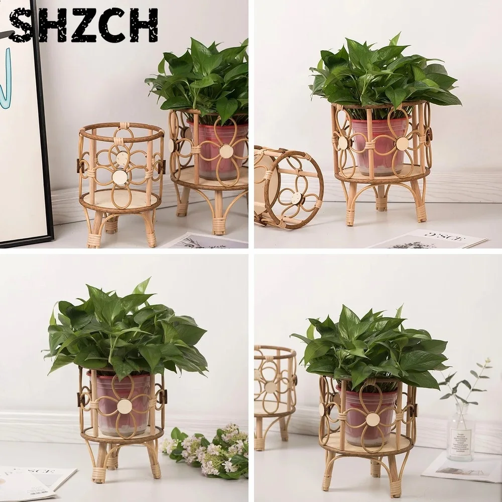 Hollow Flower Stand Hand-woven Imitation Rattan Plant Tripod Stand Pastoral Flower Baskets Stand Balcony Planter With Wooden Leg