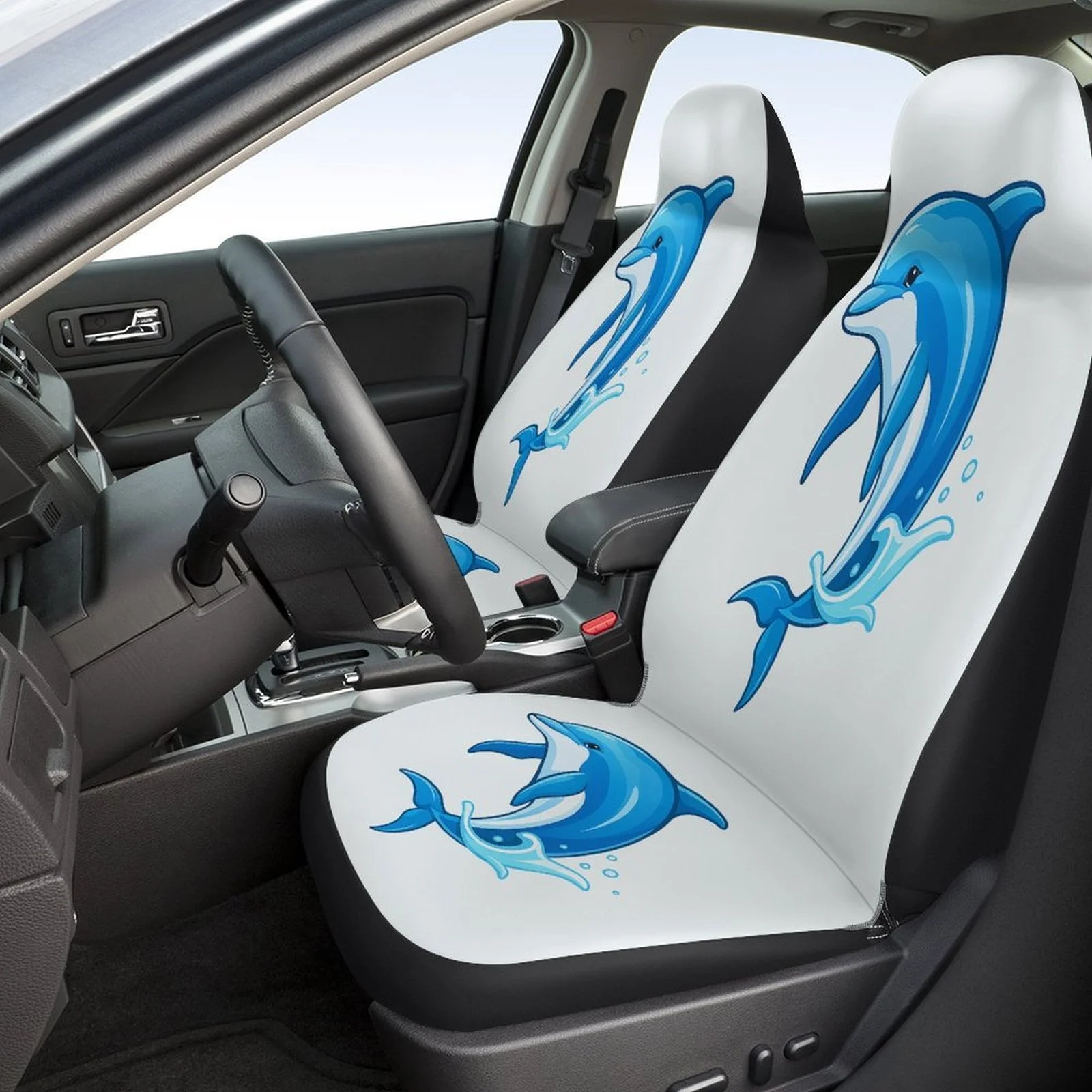 Car Seat Cover Set Featuring A Dolphin Splash Theme, Suitable For Various Vehicles. Stylish And Durable, This Complete Set Inclu