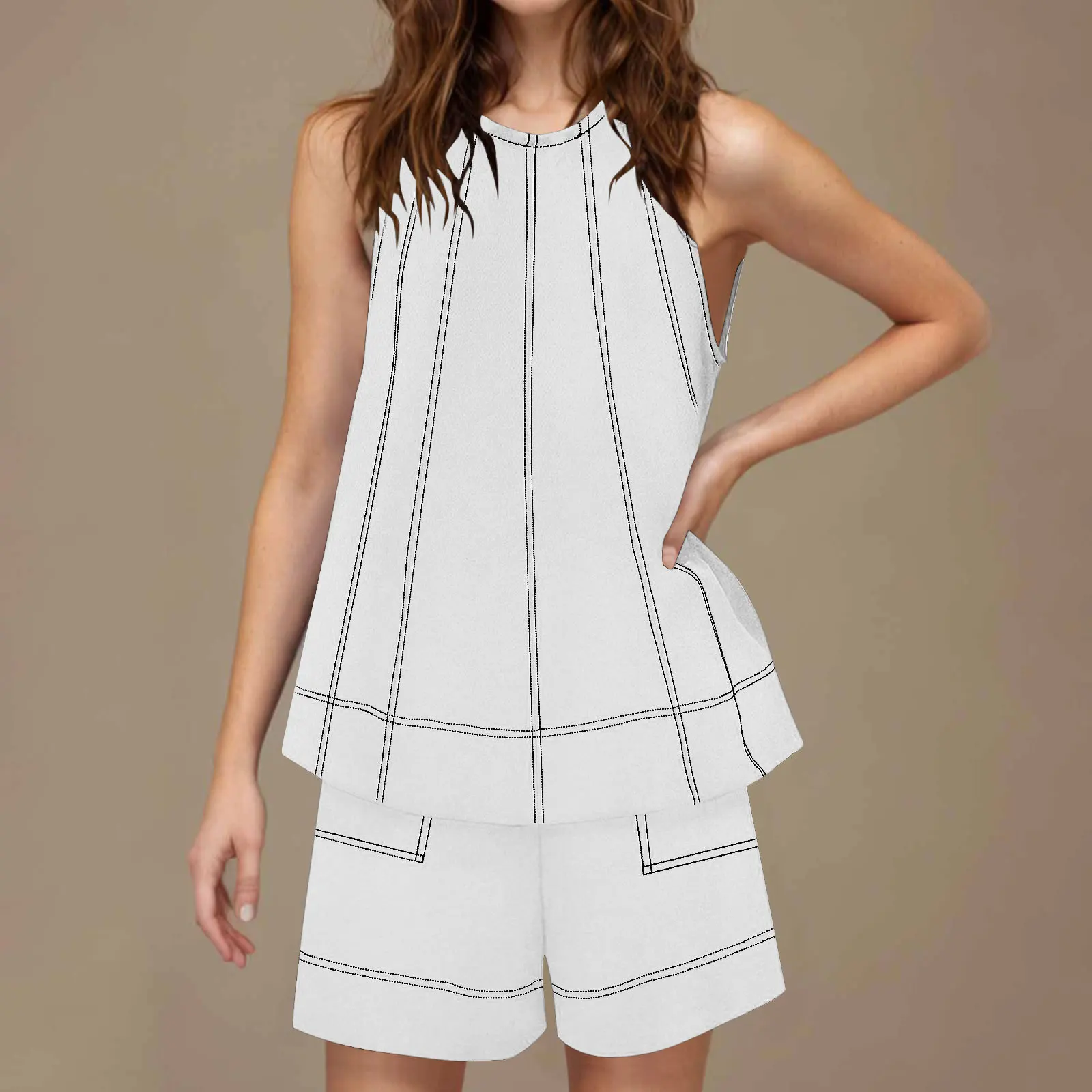 

Women Denim Tops Shorts Jeans Pants 2 Piece Sets Round Neck Sleeveless Baggy Top Shorts with Packets Suits Casual Streetwear