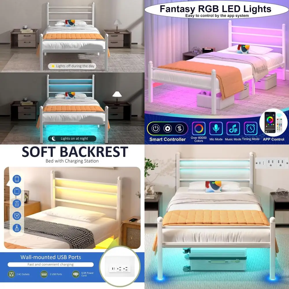 

White Metal Twin Bed Frame with LED Lights, Charging Station, Headboard, and Noiseless Metal Slats for Easy Assembly