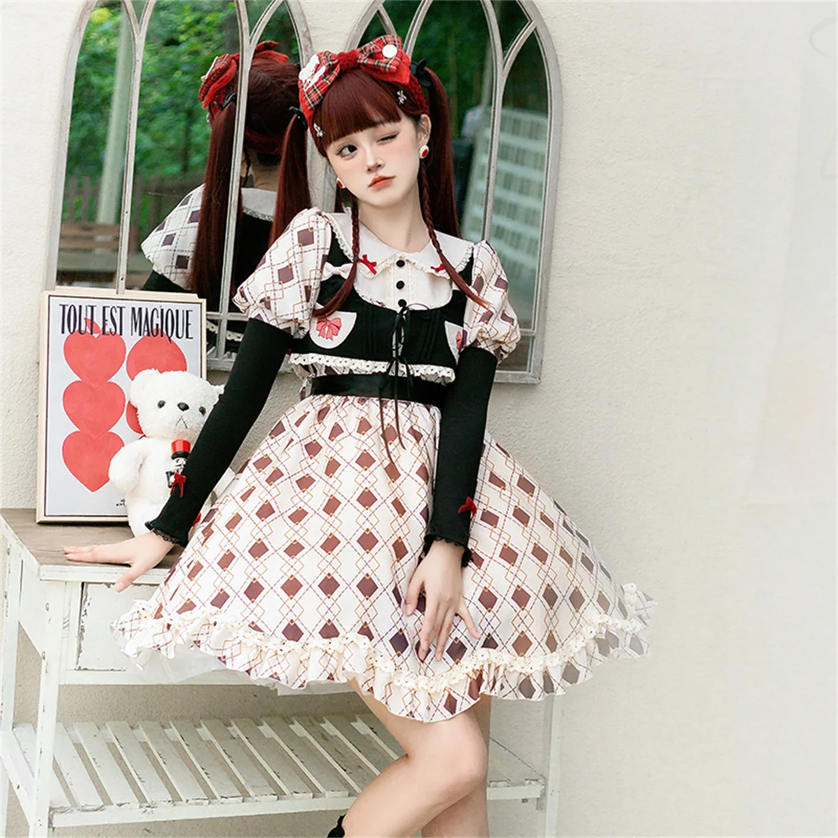 Japanischen Süßen Stil Lolita Op Kawaii Mädchen Cosplay Nette Loli Peter Pan Kragen Bowknot Diamant Rüschen Puff Sleeve Kleid