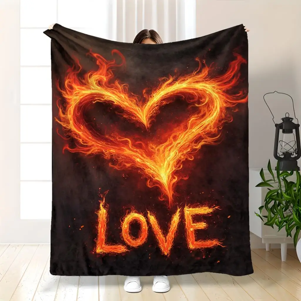 Oversized Blanket Throw 150x200cm Love Heart Flames Design Cozy Romantic Decor Gift for Couch Bedroom Winter