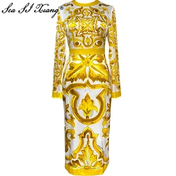 Seasixiang Fashion Designer Spring Vintage Party Silk Pencil Dress Women O-Neck Long Sleeve Yellow Flower Print Indie Folk Dress