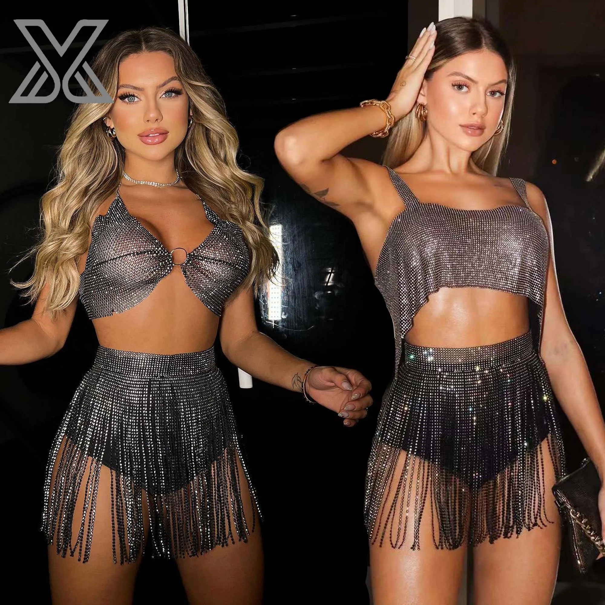 XMJXMY Sexy Sparkling Diamond Strap Splicing Women's Beach Bikini Exterior Shining Half Skirt Tassel Skirt for Women