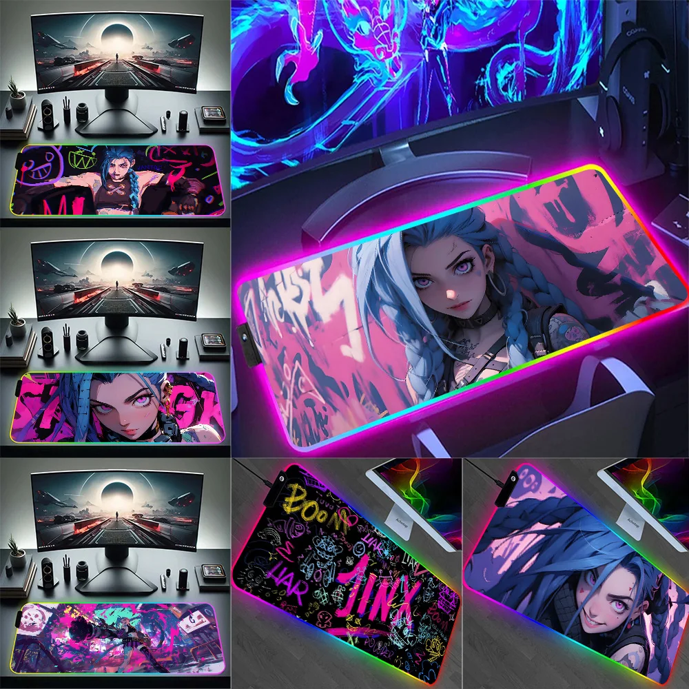 Hot Anime Game Graffiti Jinxs RGB Pc Gamer Keyboard Mouse Pad Mousepad LED Glowing Mouse Mats Rubber Gaming Computer Mausepad