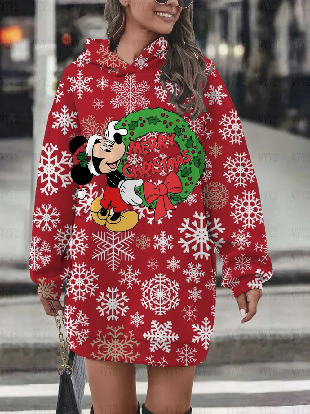 Autumn and winter Disney Mickey Minnie print Christmas series comfortable sweatshirt role play women's fashion hooded skirt