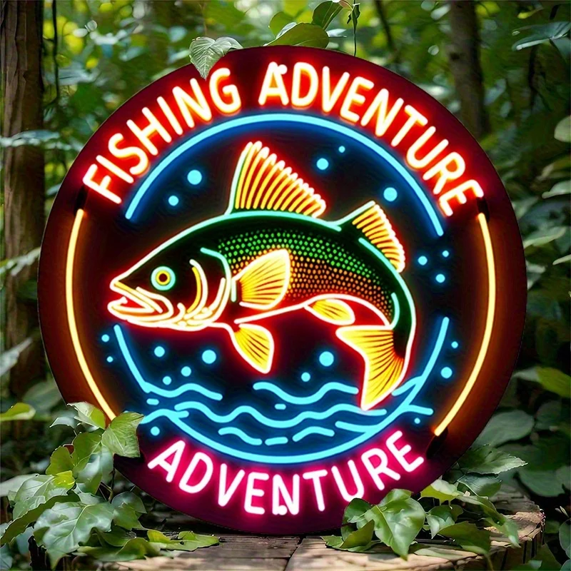 2D Flat - Neon Sign Featuring a 2D Flat Design of a Glowing Fishing Adventure, Showcasing a Vintage Theme with a Leaping Fish in