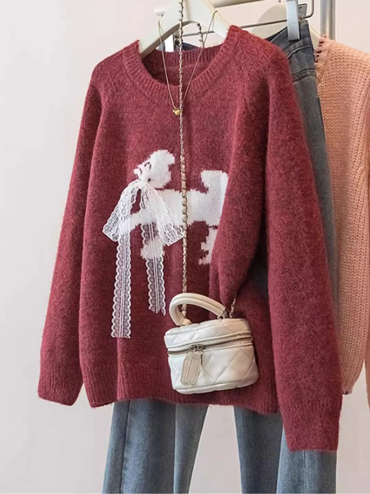 

Ele Wine Red Long Sve Knitted Sweater Women's plus Size Casual Sle Autumn Winter Faionable Top Comfortable Fit