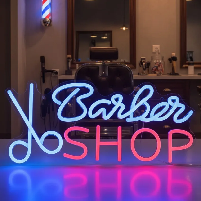 Barber Open LED Neon Sign Light Wall Mounted Display - USB Powered Decor for Barbershop Hair Salon Studio Men’s Facial Care Club