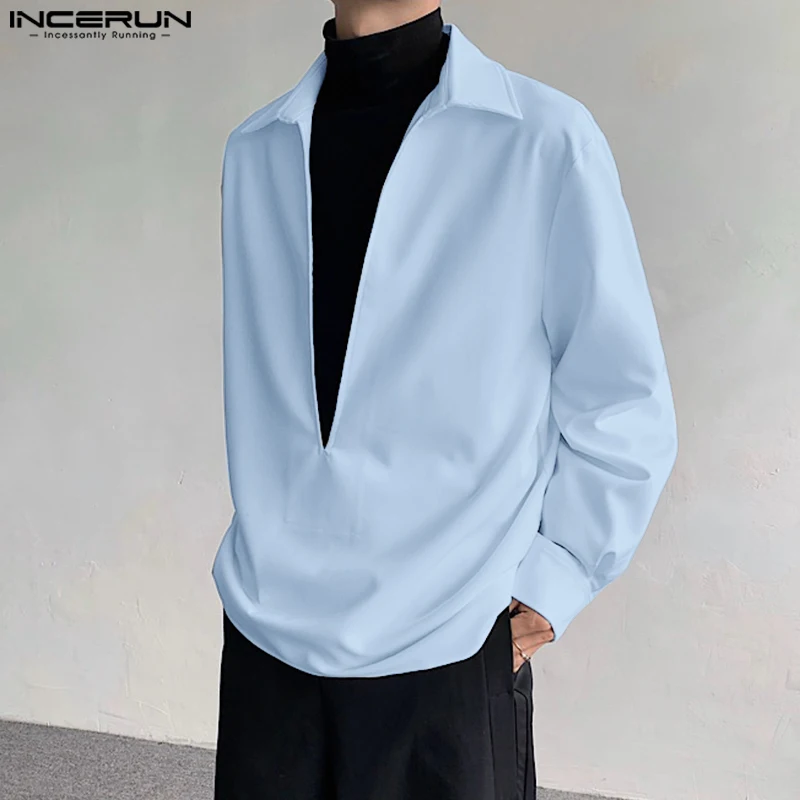 Men Shirt Solid Color V Neck Long Sleeve Loose Casual Men Clothing Streetwear 2024 Korean Style Leisure Shirts S-5XL INCERUN